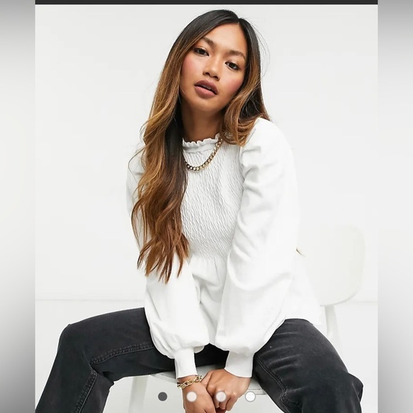 ASOS size 14 white cream puff bishop sleeve smocked chest peplum frill neck - Picture 1 of 11